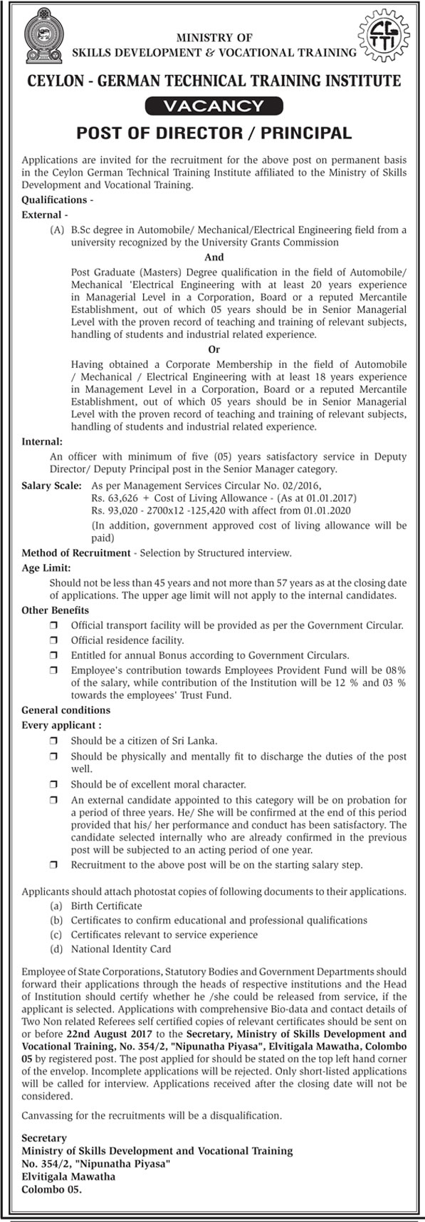 Director / Principal - Ceylon German Technical Training Institute